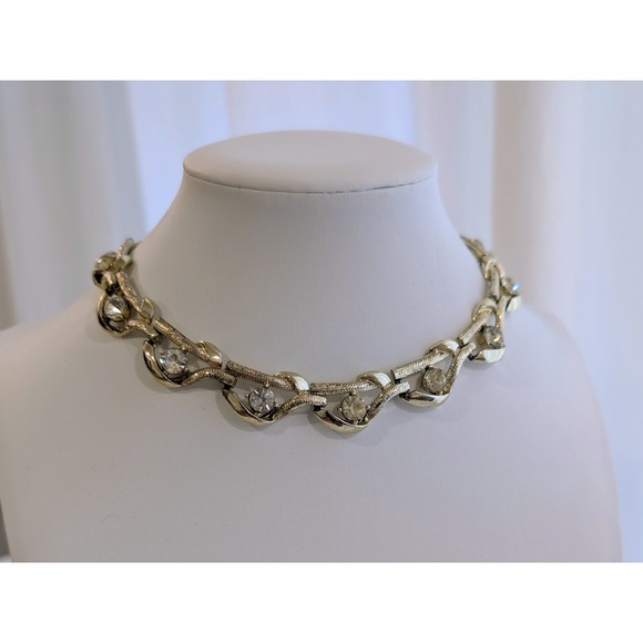 Vintage Champagne Gold Rhinestone Collar Choker Hook Clasp Necklace LT78 - Picture 1 of 6